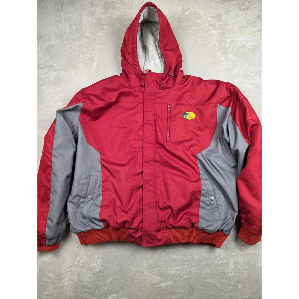 Bass Pro Shops Jacket Men 3XL Red Grey Hood Insulated Full Zip Bomber Coat *Read